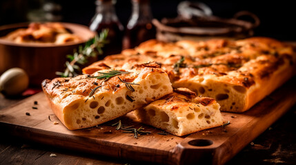 Delicious italian focaccia bread on a wooden cutting board. Generative Ai, - obrazy, fototapety, plakaty