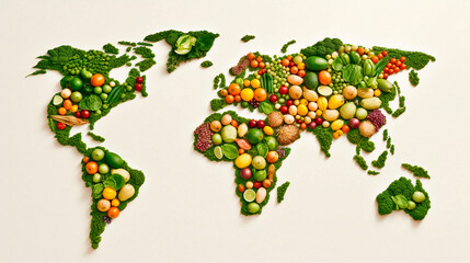 world map consisting of fruits and vegetables on a white background. Generative AI,