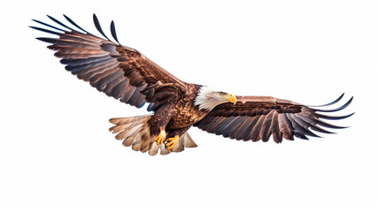 Fototapeta premium The bald eagle flies on a white background. Generative AI,