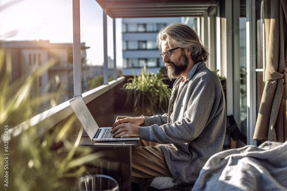 Poster a man sitting on a balcony using a laptop computer. generative ai. professional freelancer working f