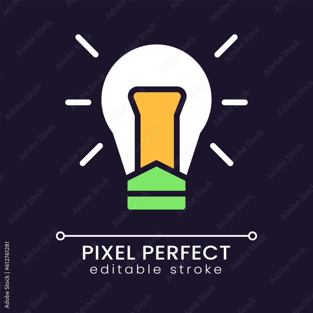 Poster light bulb pixel perfect rgb color icon for dark theme. creative thinking. business development. sim