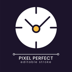 Clock pixel perfect RGB color icon for dark theme. Time management. Project deadline. Checking time. Simple filled line drawing on night mode background. Editable stroke. Poppins font used
