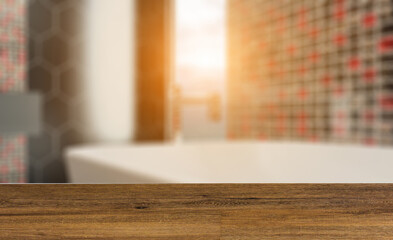 Scandinavian bathroom, classic  vintage interior design. 3D rend. Background with empty wooden table. Flooring.