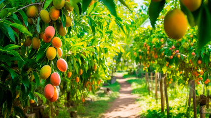 Mango garden on trees. Generative Ai,