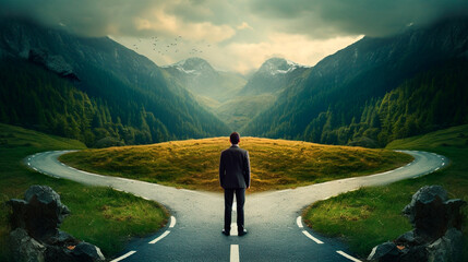 A person on two roads chooses the best chances for environmental protection. Generative Ai,