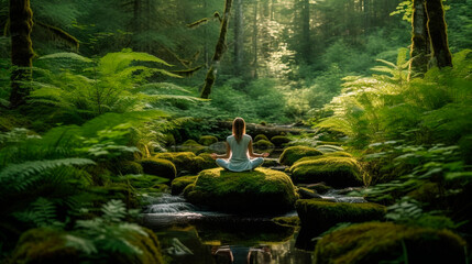 Naklejka premium meditation and yoga, in the forest with its natural freshness. Generative AI,