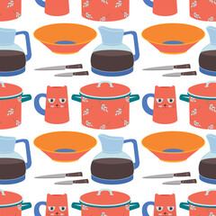 Pattern of kitchen utensils, pan, mug, plate, bowl.