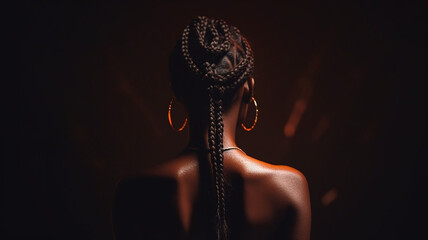AI generative image of a back view of a young and elegant black woman with a braids hairstyle  - obrazy, fototapety, plakaty
