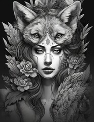 Fantasy character with Asian influences, black white illustration, female, immortal fox spirit, outline for coloring book page, generative AI coloring card