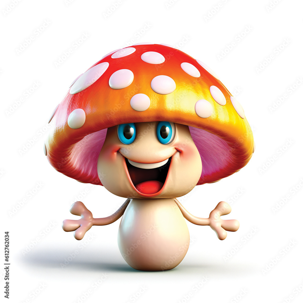 Poster laughing funny cartoon mushroom. created with generative ai technology.