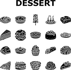 dessert sweet food cake candy icons set vector. pastry chocolate, bakery cupcake, delicious cream, party tasty, birthday cookie dessert sweet food cake candy glyph pictogram Illustrations