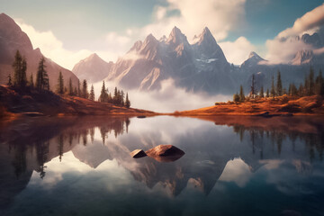 Fototapeta na wymiar The illustration of the serene beauty of nature, where towering mountains and a gently streaming river create a harmonious landscape that will captivate your senses. Generative AI...