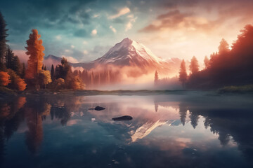 The illustration of the serene beauty of nature, where towering mountains and a gently streaming river create a harmonious landscape that will captivate your senses. Generative AI...