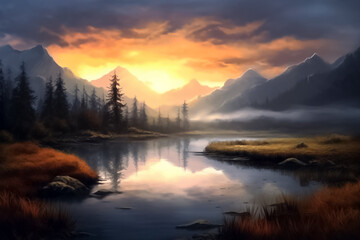 Naklejka na ściany i meble The illustration of the serene beauty of nature, where towering mountains and a gently streaming river create a harmonious landscape that will captivate your senses. Generative AI...