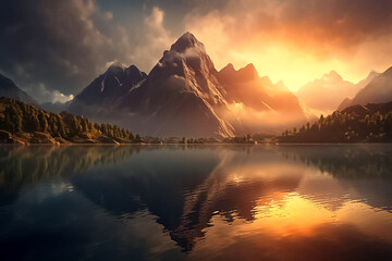 Fototapeta na wymiar The illustration of the serene beauty of nature, where towering mountains and a gently streaming river create a harmonious landscape that will captivate your senses. Generative AI...