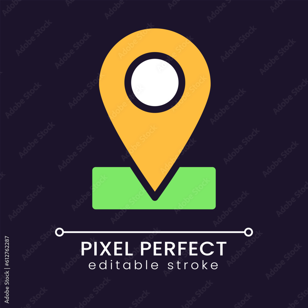 Poster location mark pixel perfect rgb color icon for dark theme. navigation app. point on map. business ad