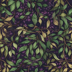 A purple and green seamless floral pattern on a black background. Generative AI.
