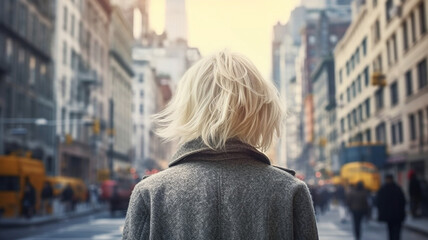 Fototapeta na wymiar AI generative image back view of a young woman with white hair against an urban scene 