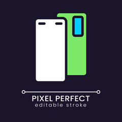 Smartphone pixel perfect RGB color icon for dark theme. Mobile device for communication. Cellphone model. Simple filled line drawing on night mode background. Editable stroke. Poppins font used