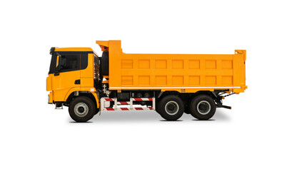 Side view of a new orange dump truck isolated over white background
