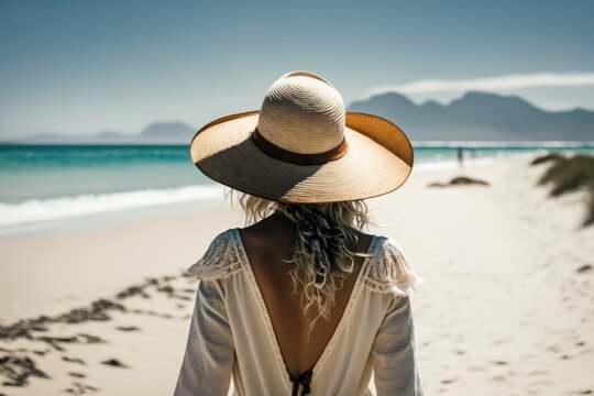 Woman in summer vacation wearing straw hat enjoying the view at the ocean. Back view. Generative Ai