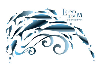 Jumping fish blue design with decorative waves. Jumping school of fish. Logo template.