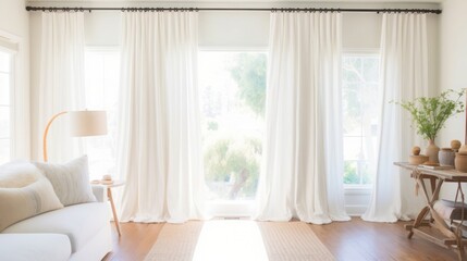 Lively Bedroom Interior with White Linen Curtain.