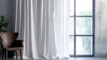 Summer Bedroom with Crisp White Linen Curtain.