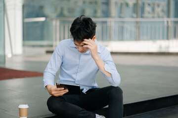 Frustrated young Asian businessman working on a laptop computer sitting at his working place in outside office