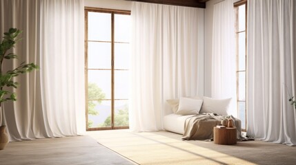Fototapeta na wymiar Lively Bedroom Interior with White Linen Curtain.