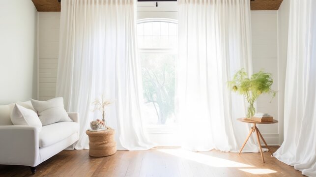 Summer Bedroom with Crisp White Linen Curtain.