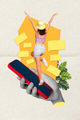 Photo cartoon collage of carefree lady texting instagram twitter telegram facebook empty space isolated creative background