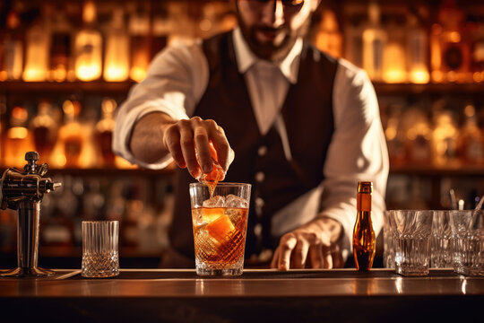 Man working in a bar preparing several colorful cocktails. Concept of soft drinks and hospitality.