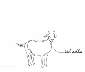 One continuous single line hand drawing of eid al adha mubarak background with goat sheep isolated on white background.