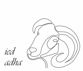 One continuous single line hand drawing of eid al adha mubarak background with big goat sheep head isolated on white background.