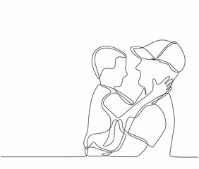 One line father and son. Dad hugging with son. Continuous lines happy fathers parents day vector concept.