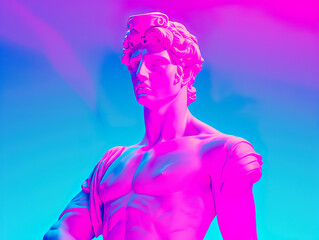 Greek god sculpture in retrowave city pop design, vaporwave style colors, ganerative ai