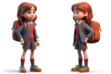 set of cartoon character happy schoolgirl girl with backpack on white isolated background. Generative AI