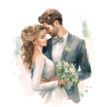 Vector watercolor illustration very cute wedding couple married with flowers colorful isolated on white background clip art.