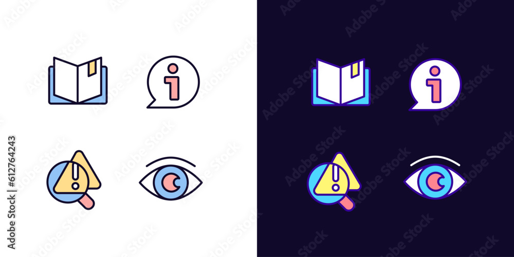 Poster seeking for answers pixel perfect light and dark theme color icons set. problem identification. plan