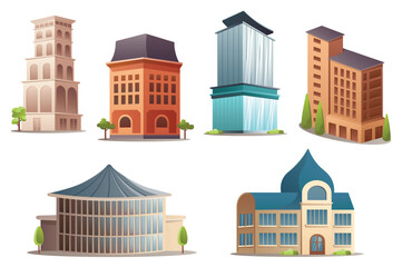 Architecture set. This is a flat, cartoon-style design set of various architectural buildings, including houses, towers, and monuments. Vector illustration.