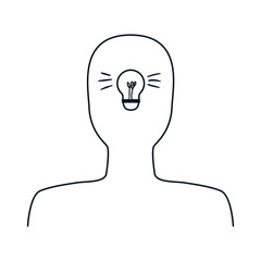 Outline illustration of abstract human silhouette with light bulb. Concept of problem solution, mental health and psychotherapy. Hand drawn contour vector icon.