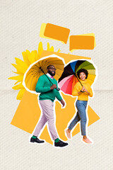 Creative artwork collage of funky couple walking under rain talking empty space isolated painting background