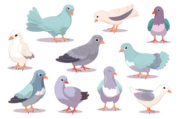 Doves set. A set of flat, cartoon-style illustrations featuring doves with a clean and modern design. Vector illustration.