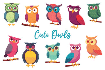 Cute owls set. A flat and colorful cartoon design featuring a set of cute owls in various poses and expressions. Vector illustration.