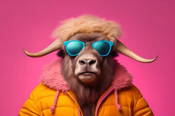 Stylish cool bison with horns in an orange jacket and sunglasses. Generative AI.