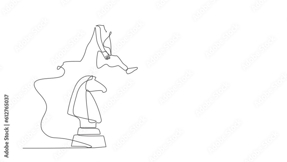 Poster animated self drawing of continuous line draw arab businessman jumping over big chess knight. strate