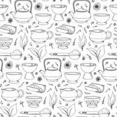 Seamless vector pattern with a tea party theme.  Japanese tea ceremony devices.