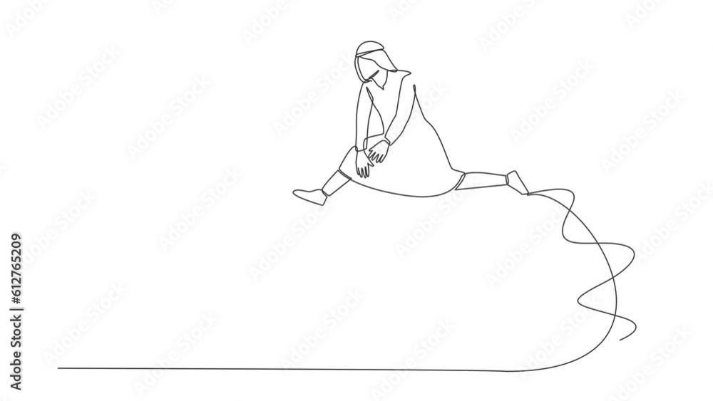 Poster self drawing animation of single one line draw arab businessman jumping over folder icon. file manag