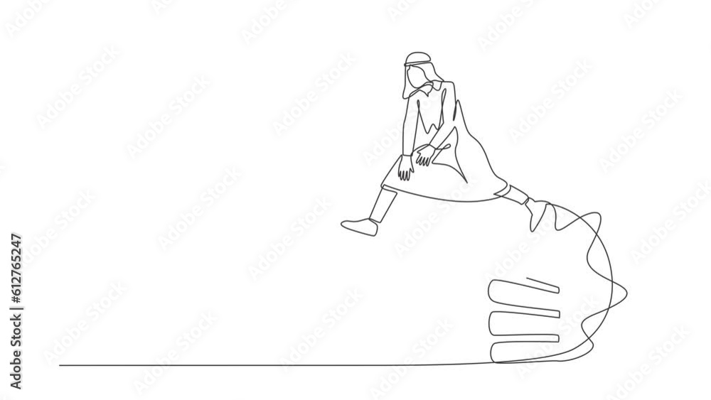 Poster animated self drawing of continuous line draw arabian businessman jumping over pile of binders. mana